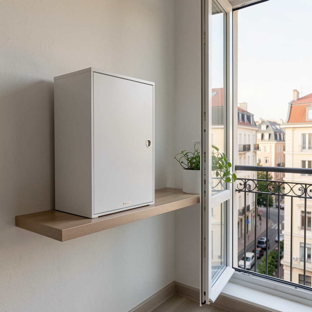 Netatmo метео станица монтирана на спољашnji зид поред прозора са јасним погледом на небо